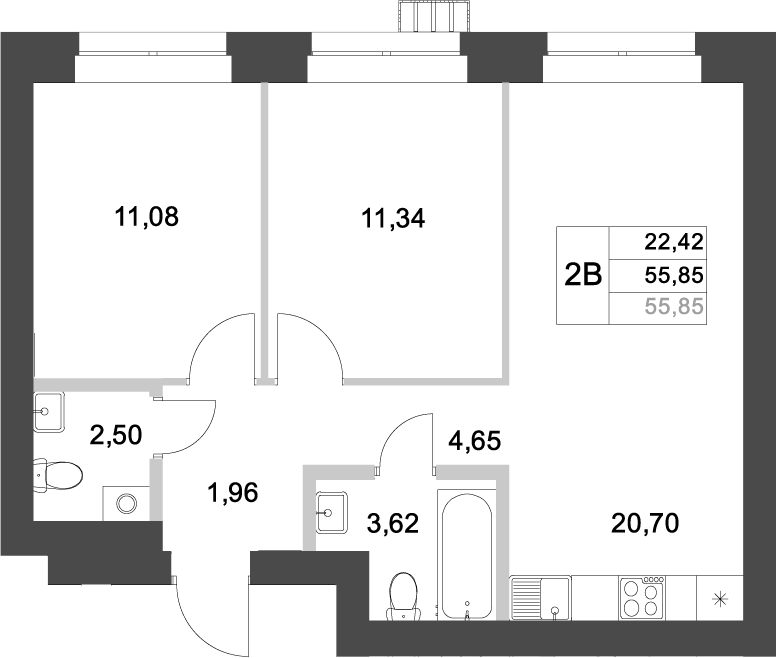 Планировка — Аквамарин, 2-комн., 56 м²