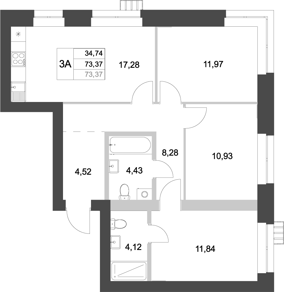 Планировка — Аквамарин, 3-комн., 73 м²
