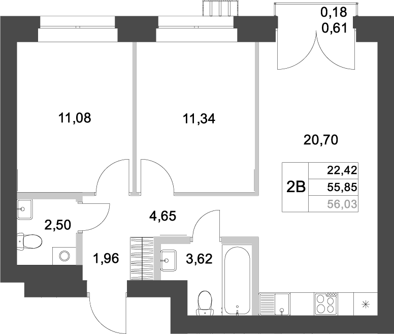 Планировка — Аквамарин, 2-комн., 56 м²