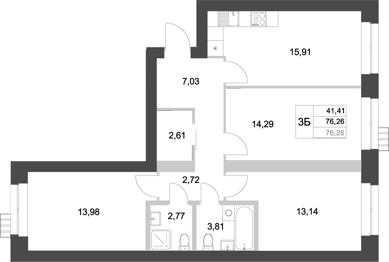 Планировка — Аквамарин, 3-комн., 76 м²