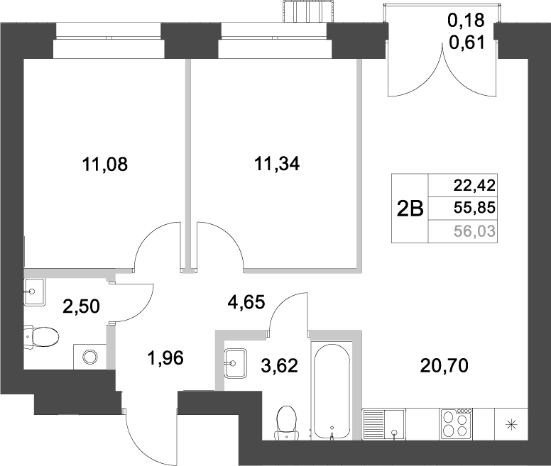 Планировка — Аквамарин, 2-комн., 56 м²