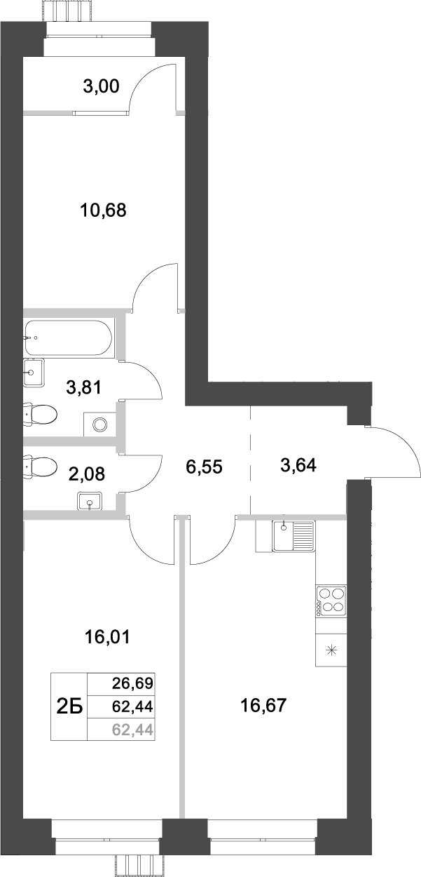 Планировка — Аквамарин, 2-комн., 62 м²
