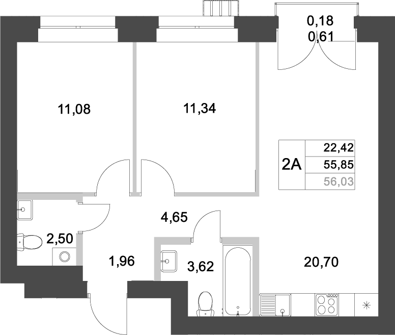 Планировка — Аквамарин, 2-комн., 56 м²