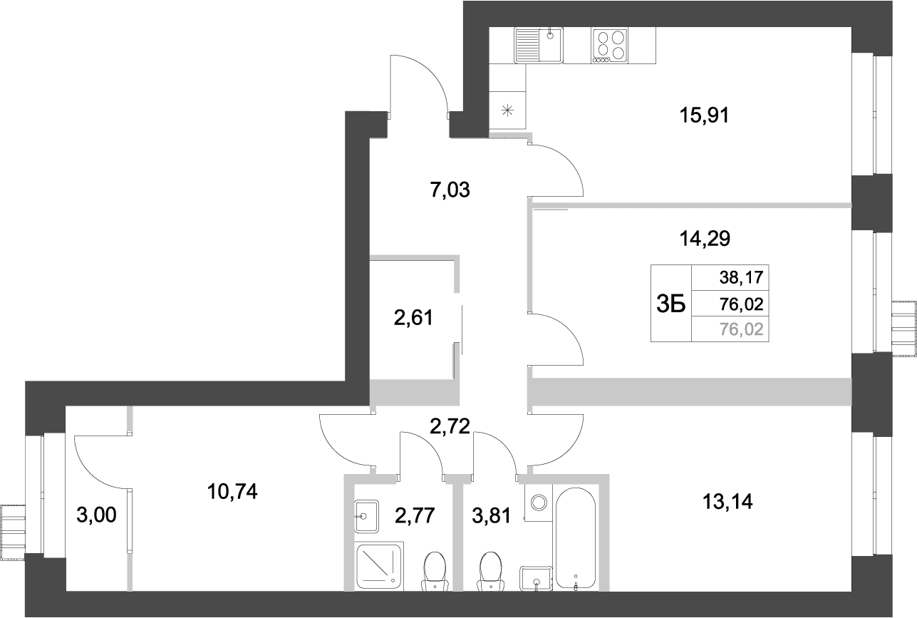 Планировка — Аквамарин, 3-комн., 73 м²