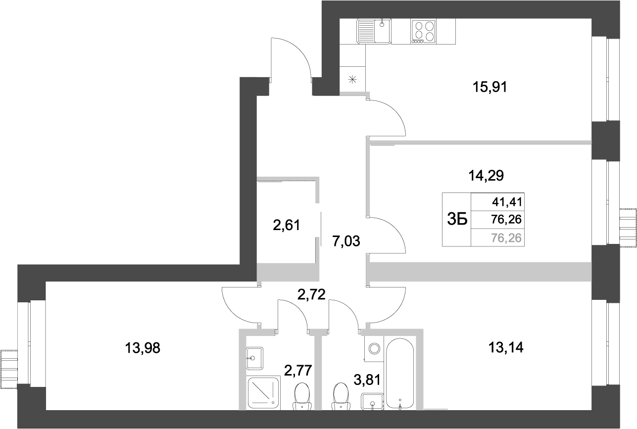Планировка — Аквамарин, 3-комн., 76 м²