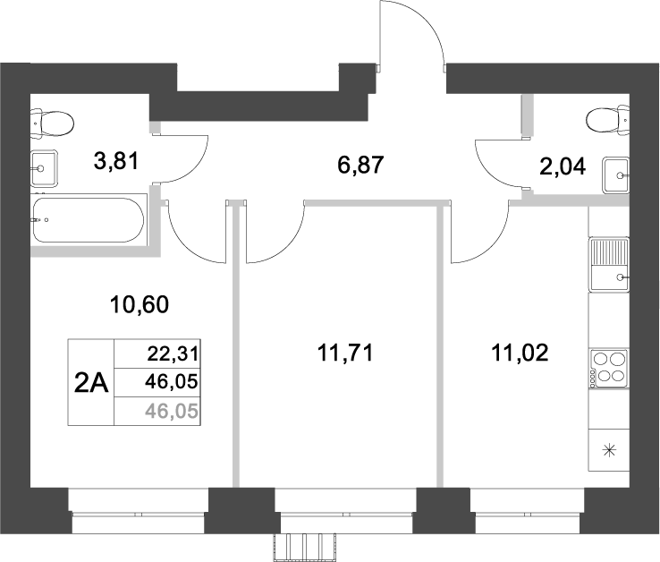 Планировка — Аквамарин, 2-комн., 46 м²