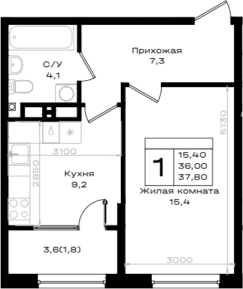 Планировка — Придонье, 1-комн., 36 м²