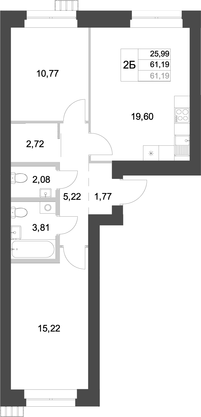 Планировка — Аквамарин, 2-комн., 61 м²