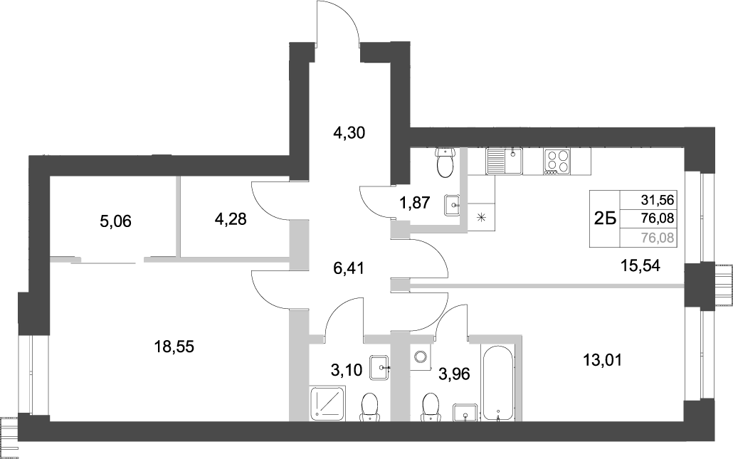 Планировка — Аквамарин, 2-комн., 76 м²