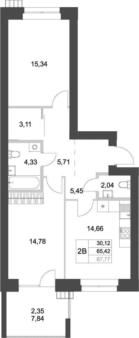 Планировка — Аквамарин, 2-комн., 65 м²