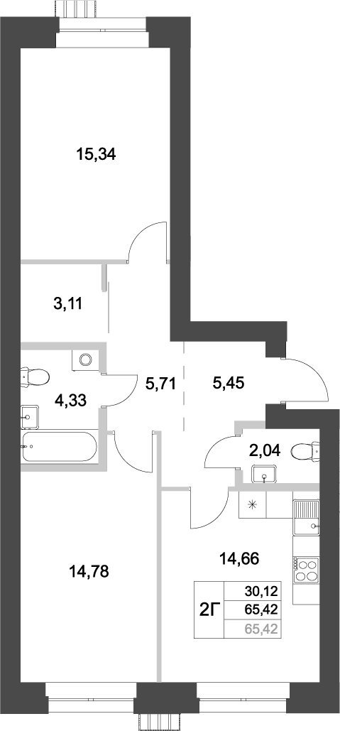 Планировка — Аквамарин, 2-комн., 65 м²