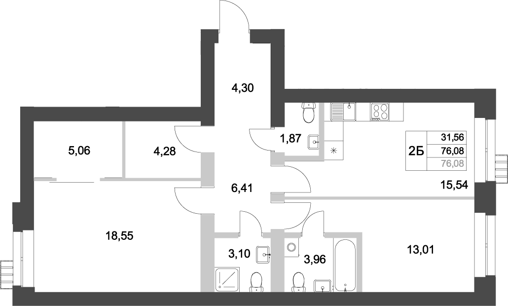 Планировка — Аквамарин, 2-комн., 76 м²