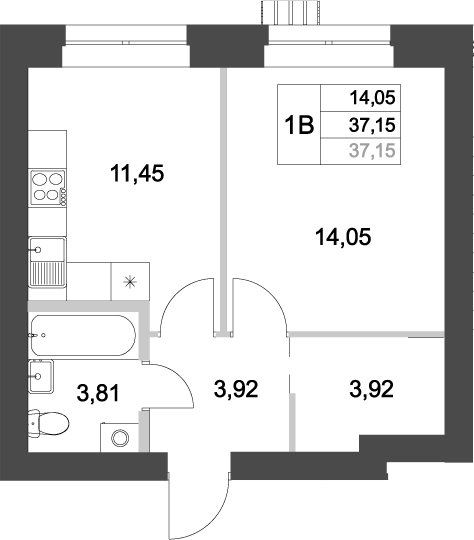 Планировка — Аквамарин, 1-комн., 37 м²