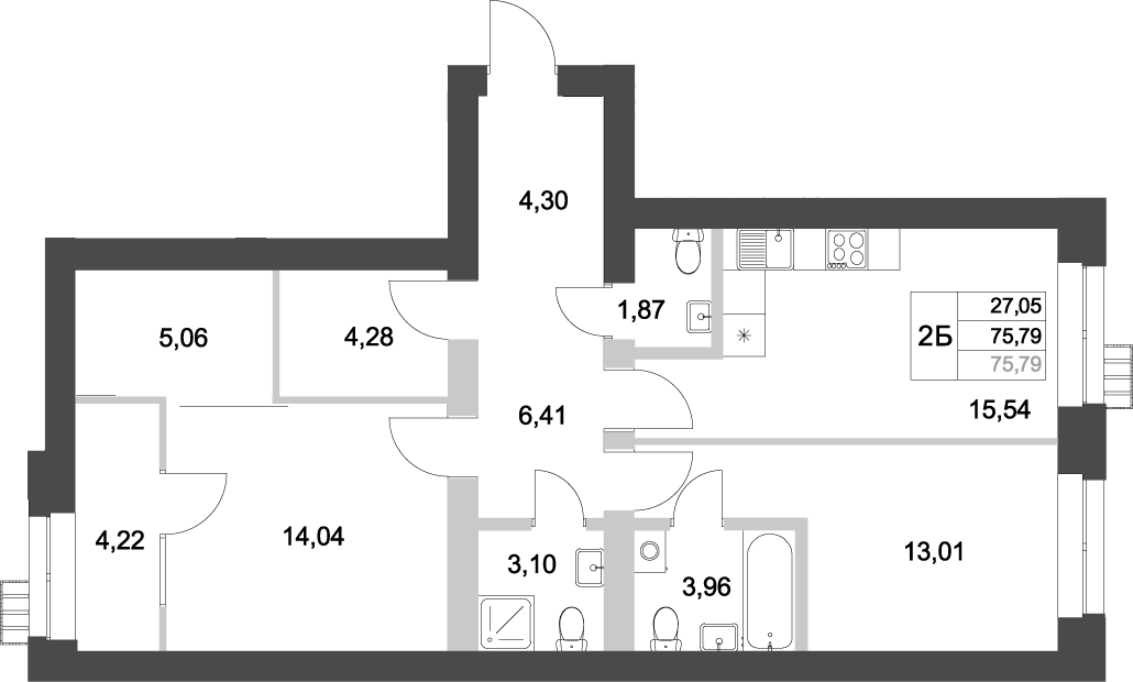 Планировка — Аквамарин, 2-комн., 76 м²