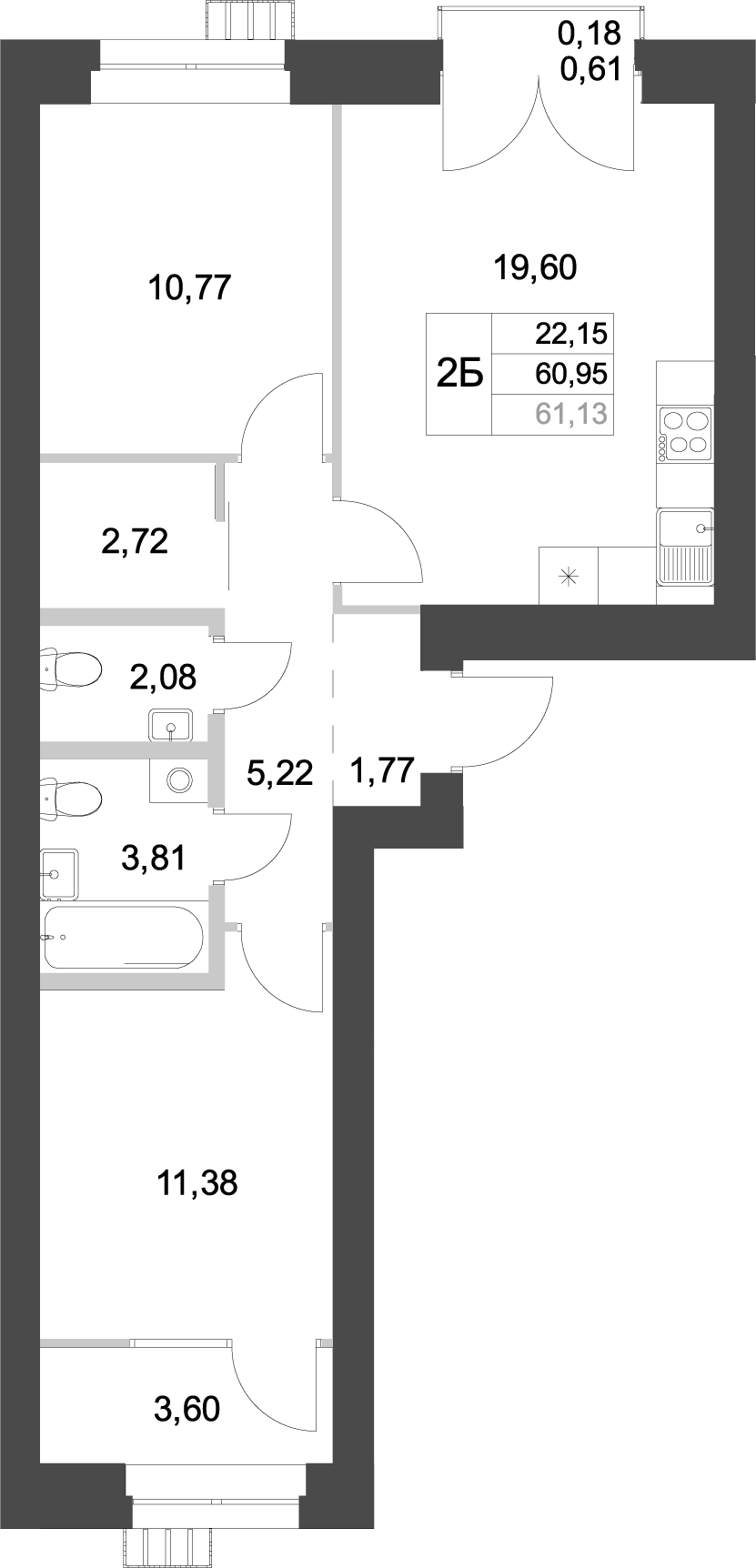Планировка — Аквамарин, 2-комн., 61 м²