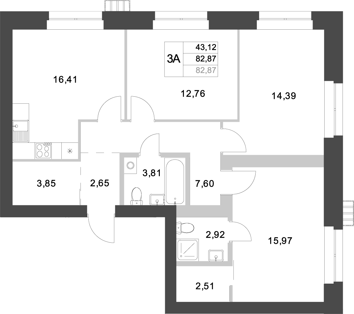 Планировка — Аквамарин, 3-комн., 83 м²