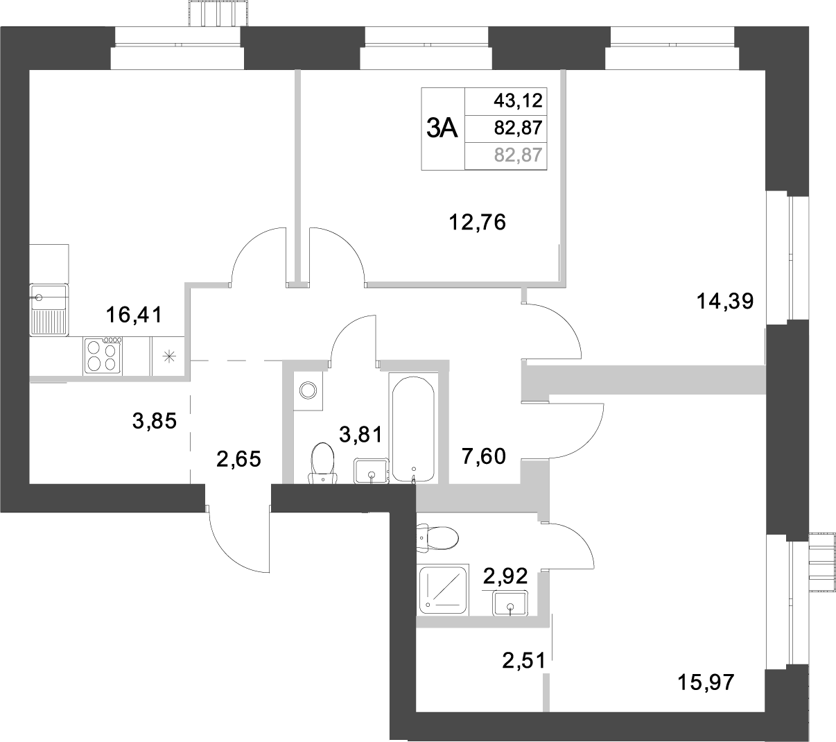 Планировка — Аквамарин, 3-комн., 83 м²
