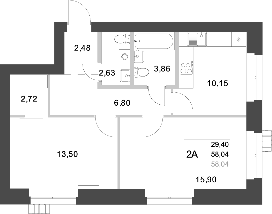 Планировка — Аквамарин, 2-комн., 58 м²