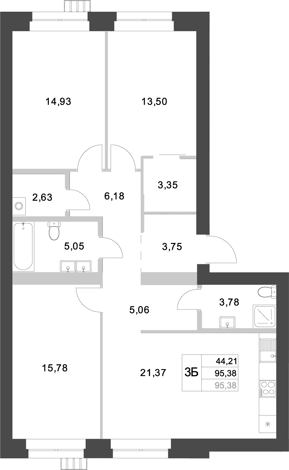 Планировка — Аквамарин, 3-комн., 95 м²