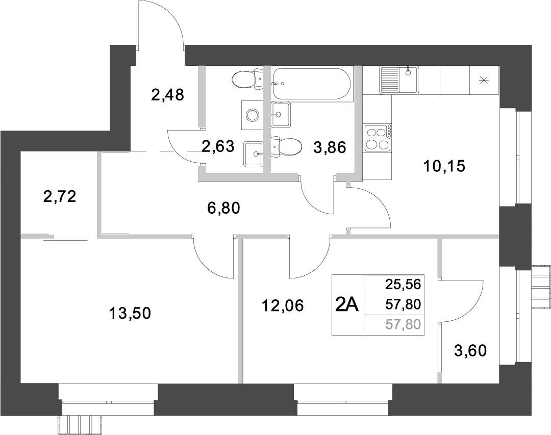 Планировка — Аквамарин, 2-комн., 58 м²