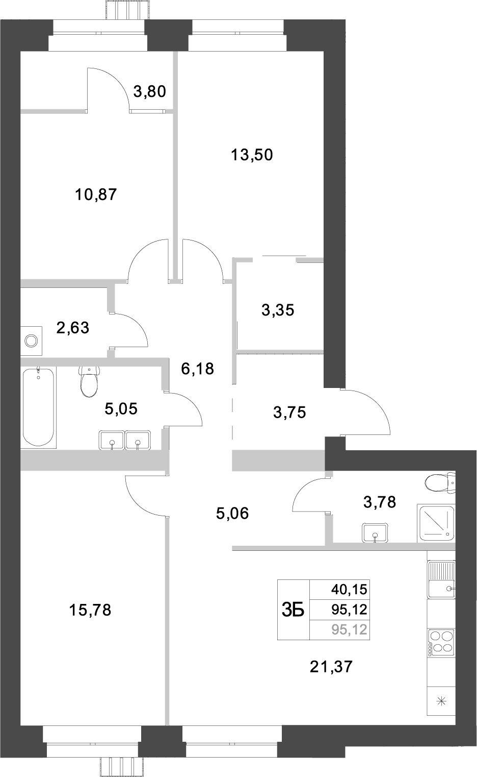 Планировка — Аквамарин, 3-комн., 95 м²