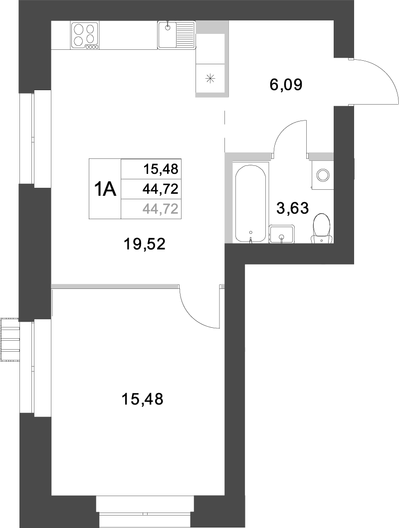 Планировка — Аквамарин, 1-комн., 45 м²