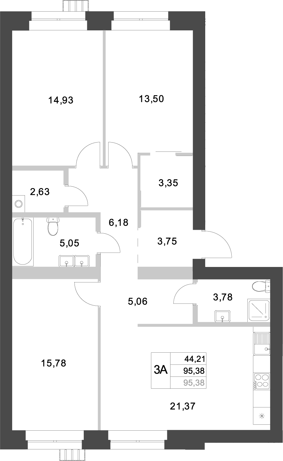 Планировка — Аквамарин, 3-комн., 95 м²