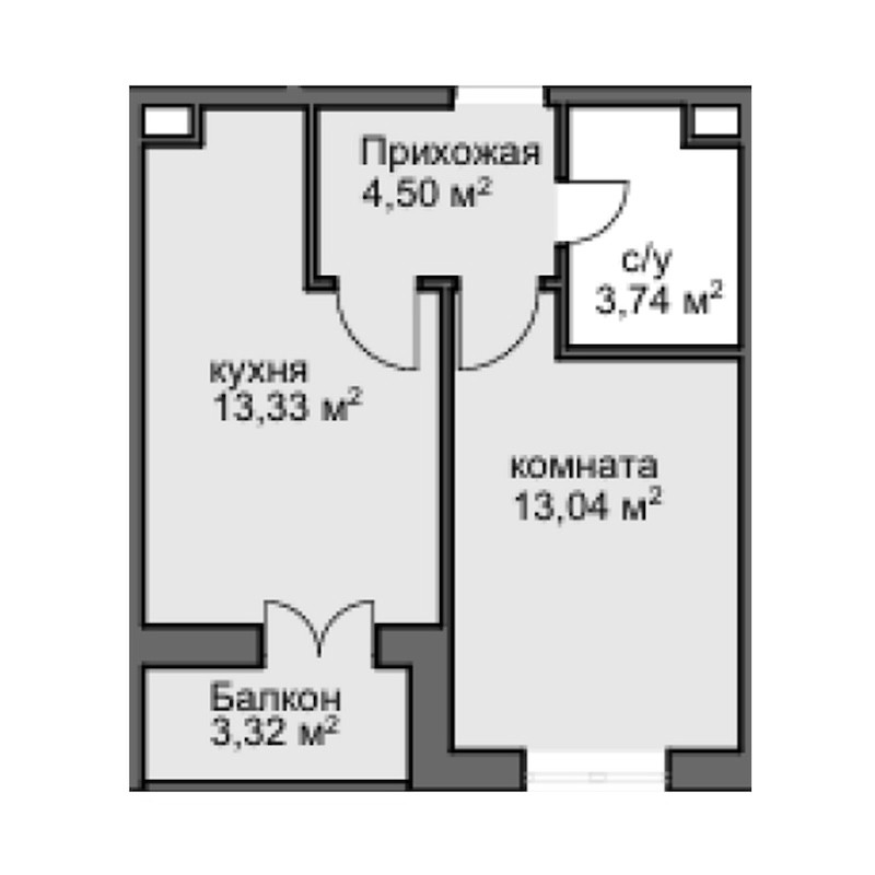 Планировка — Центральный двор, 1-комн., 32 м²