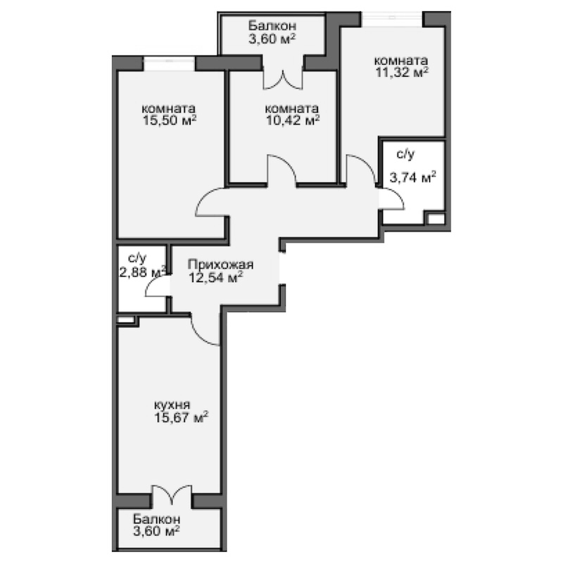 Планировка — Центральный двор, 3-комн., 66 м²