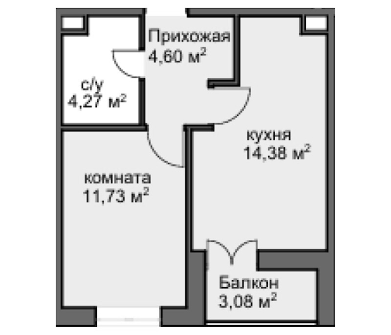 Планировка — Центральный двор, 1-комн., 34 м²