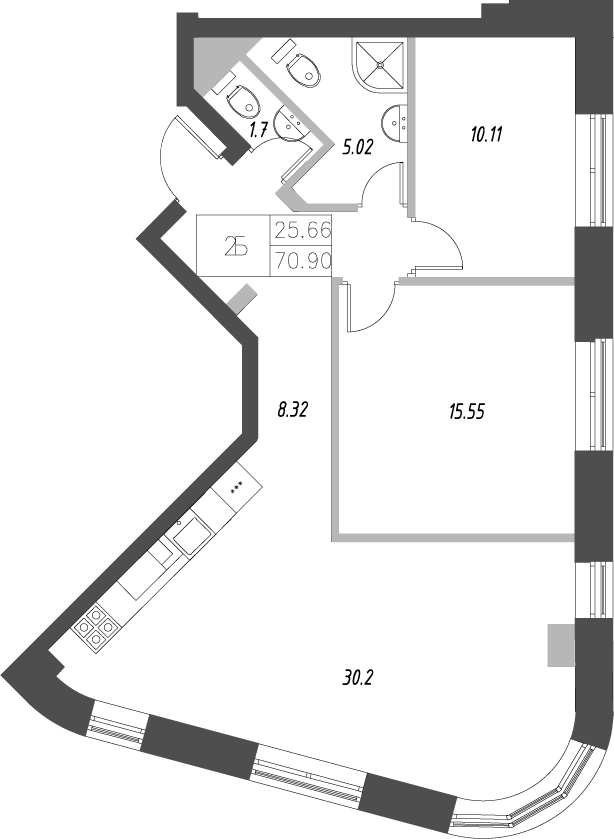 Планировка — Уникум на проспекте Победы, 3-комн., 71 м²