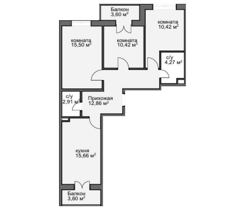 Планировка — Центральный двор, 3-комн., 67 м²