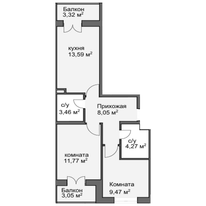 Планировка — Центральный двор, 2-комн., 52 м²