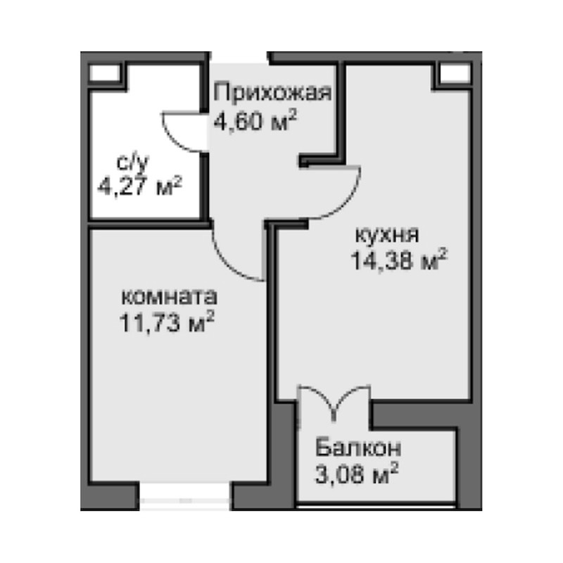 Планировка — Центральный двор, 1-комн., 33 м²