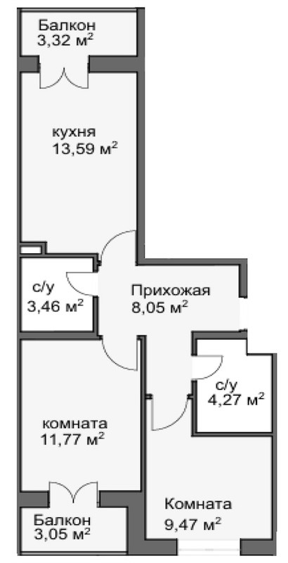Планировка — Центральный двор, 2-комн., 51 м²