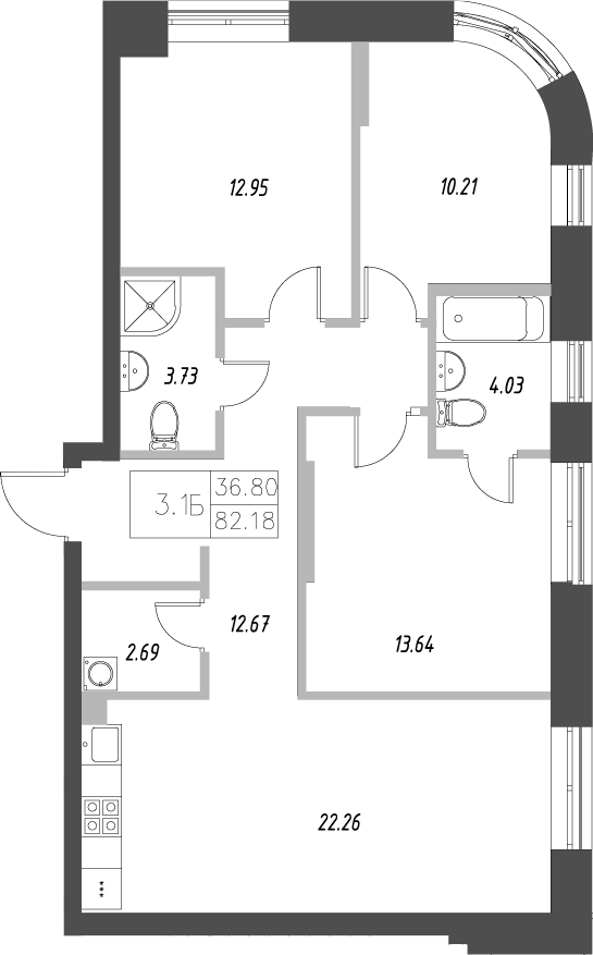 Планировка — Уникум на проспекте Победы, 4-комн., 82 м²