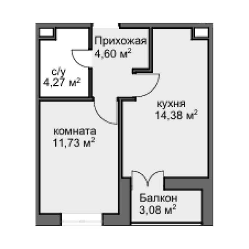Планировка — Центральный двор, 1-комн., 34 м²