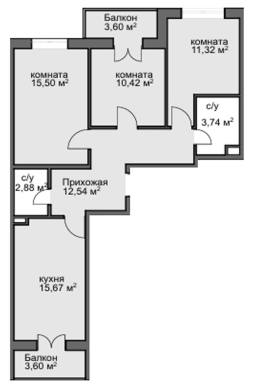 Планировка — Центральный двор, 3-комн., 63 м²