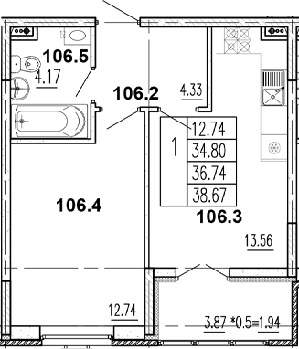 Планировка — Центральный двор, 1-комн., 34 м²