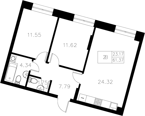 Планировка — Уникум на проспекте Победы, 3-комн., 61 м²