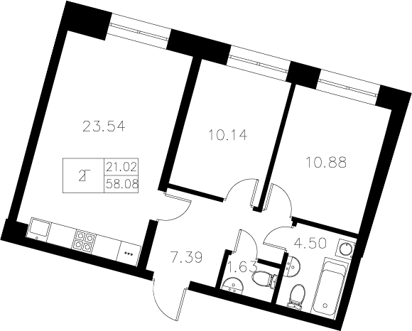 Планировка — Уникум на проспекте Победы, 3-комн., 58 м²