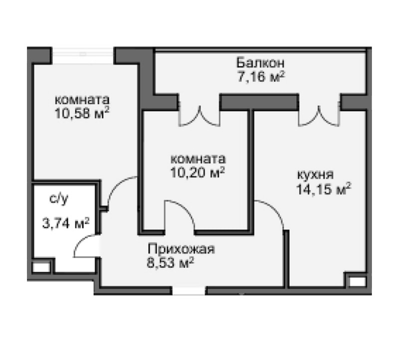Планировка — Центральный двор, 2-комн., 43 м²