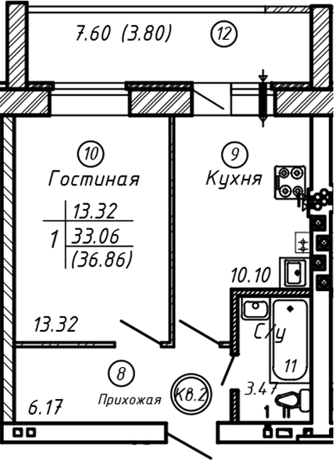 Планировка — ул. Казанская, 1-комн., 33 м²