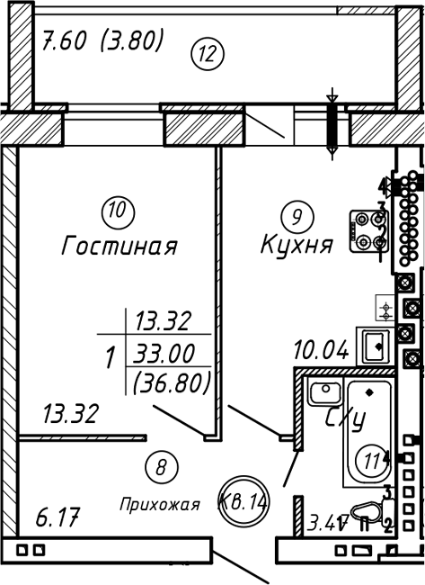 Планировка — ул. Казанская, 1-комн., 33 м²