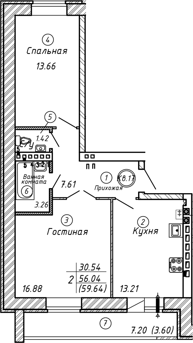 Планировка — ул. Казанская, 2-комн., 58 м²