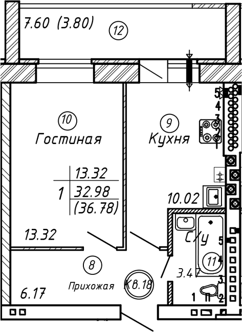 Планировка — ул. Казанская, 1-комн., 33 м²