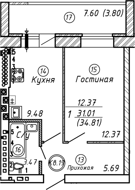 Планировка — ул. Казанская, 1-комн., 31 м²
