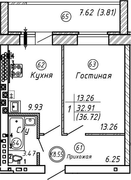 Планировка — ул. Казанская, 1-комн., 33 м²
