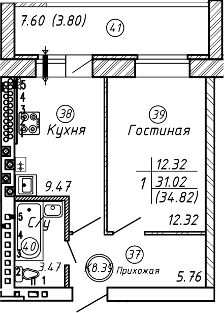 Планировка — ул. Казанская, 1-комн., 31 м²
