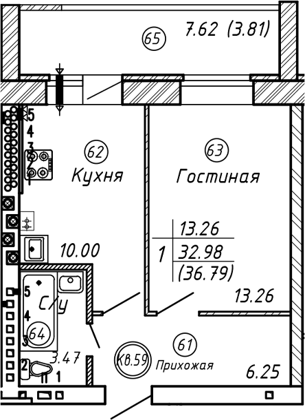 Планировка — ул. Казанская, 1-комн., 33 м²